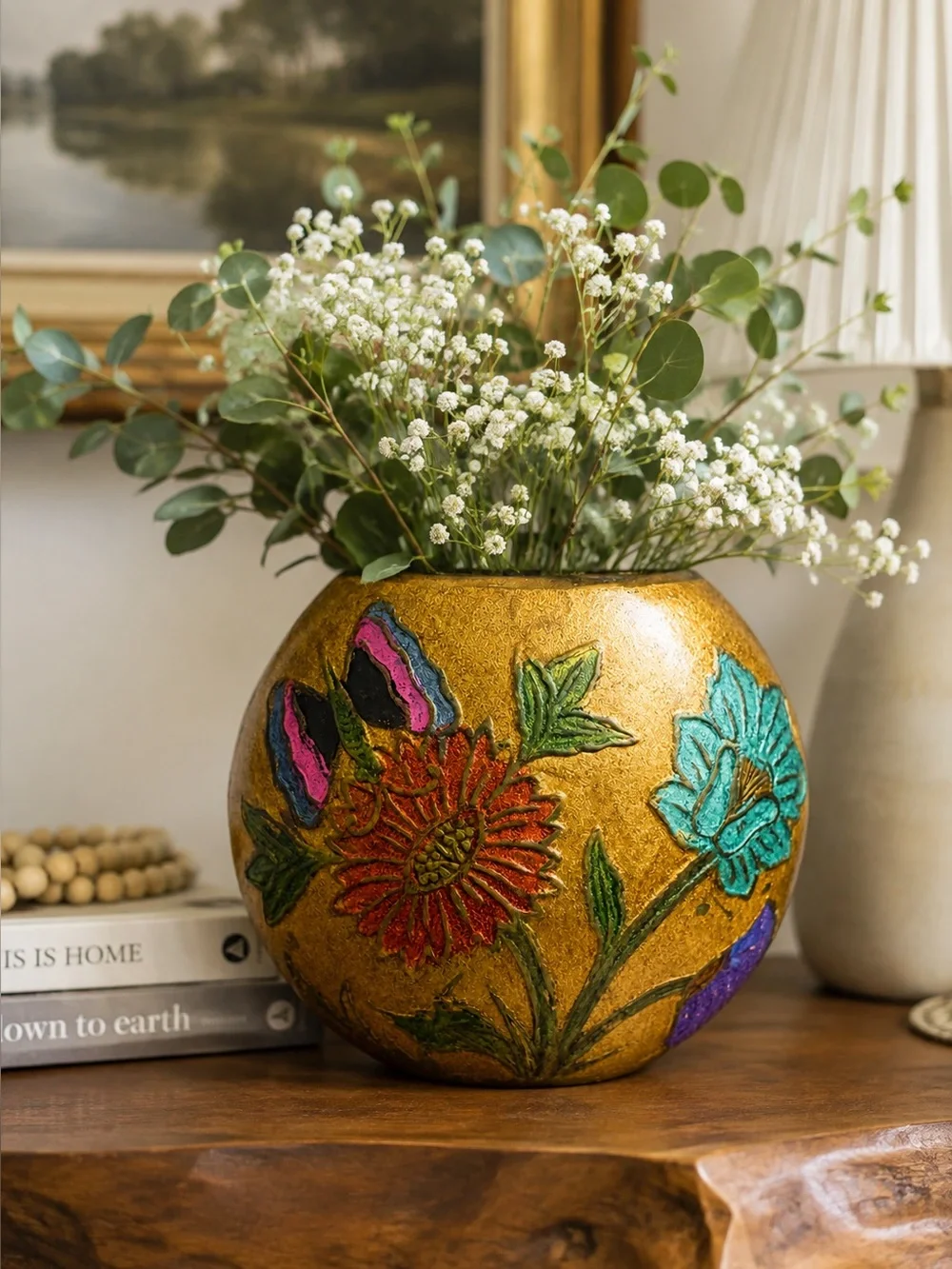 Vintage Made in India Brass Floral Bowl Vase Cloisonné Style Decor